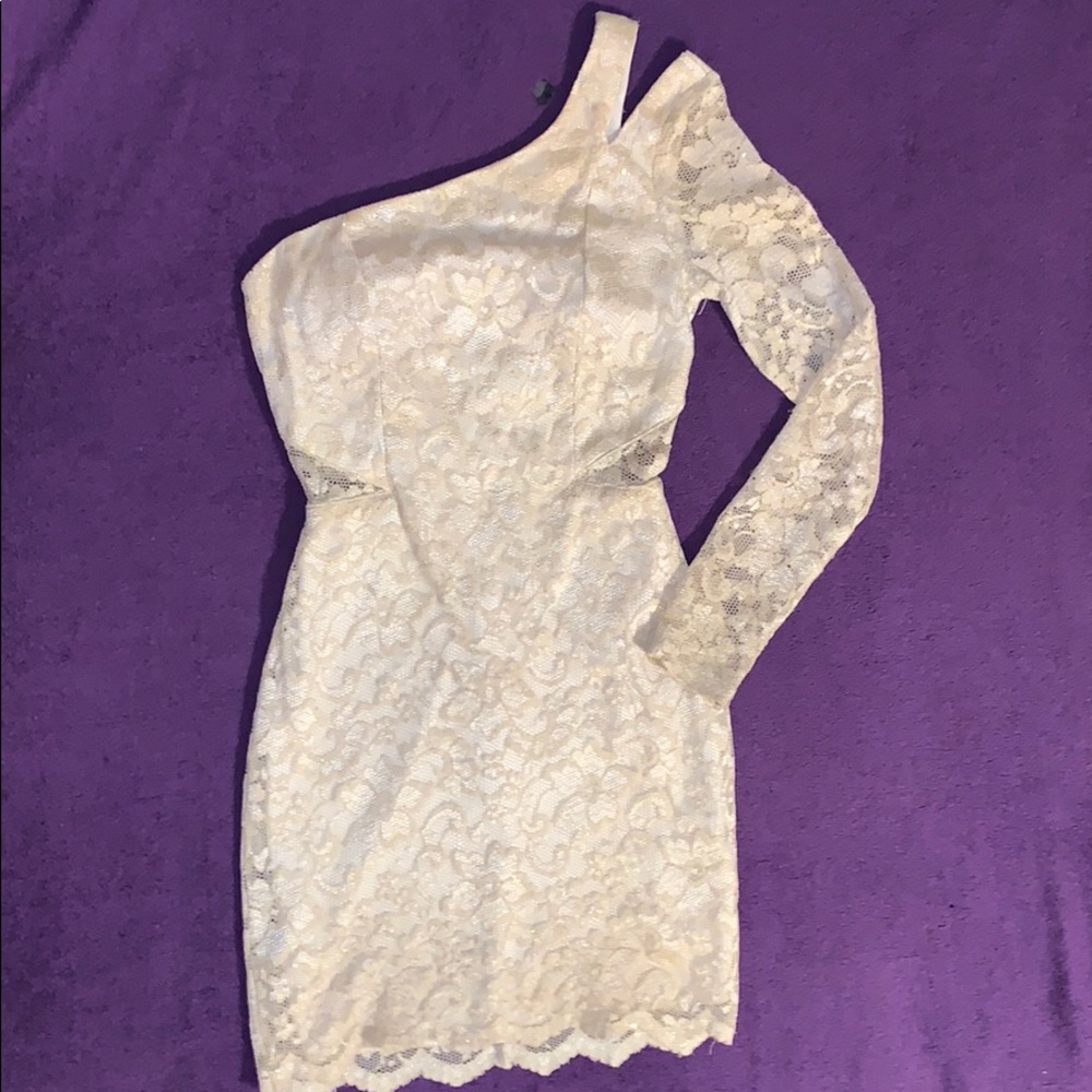 Ivory cream one shoulder sparkly lace mini dress